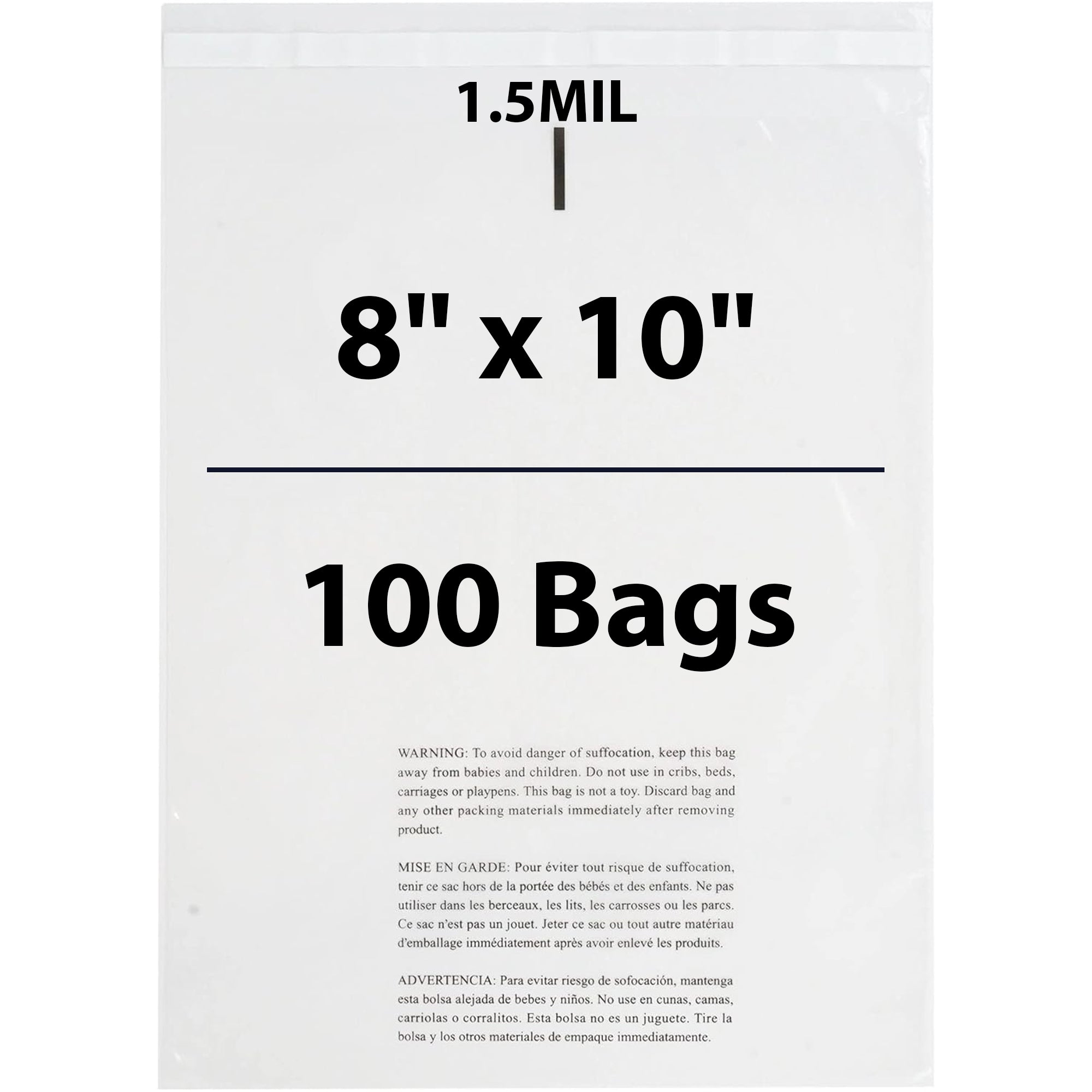 Poly Bags with suffocation warning 1.5 Mil 8X10 inches 100 Bags