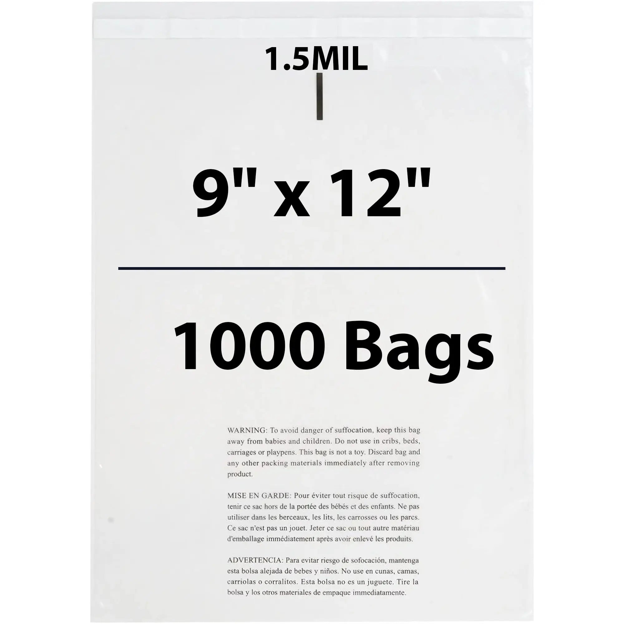 Poly Bags with suffocation warning 1.5 Mil 9X12 inches 1000 Bags