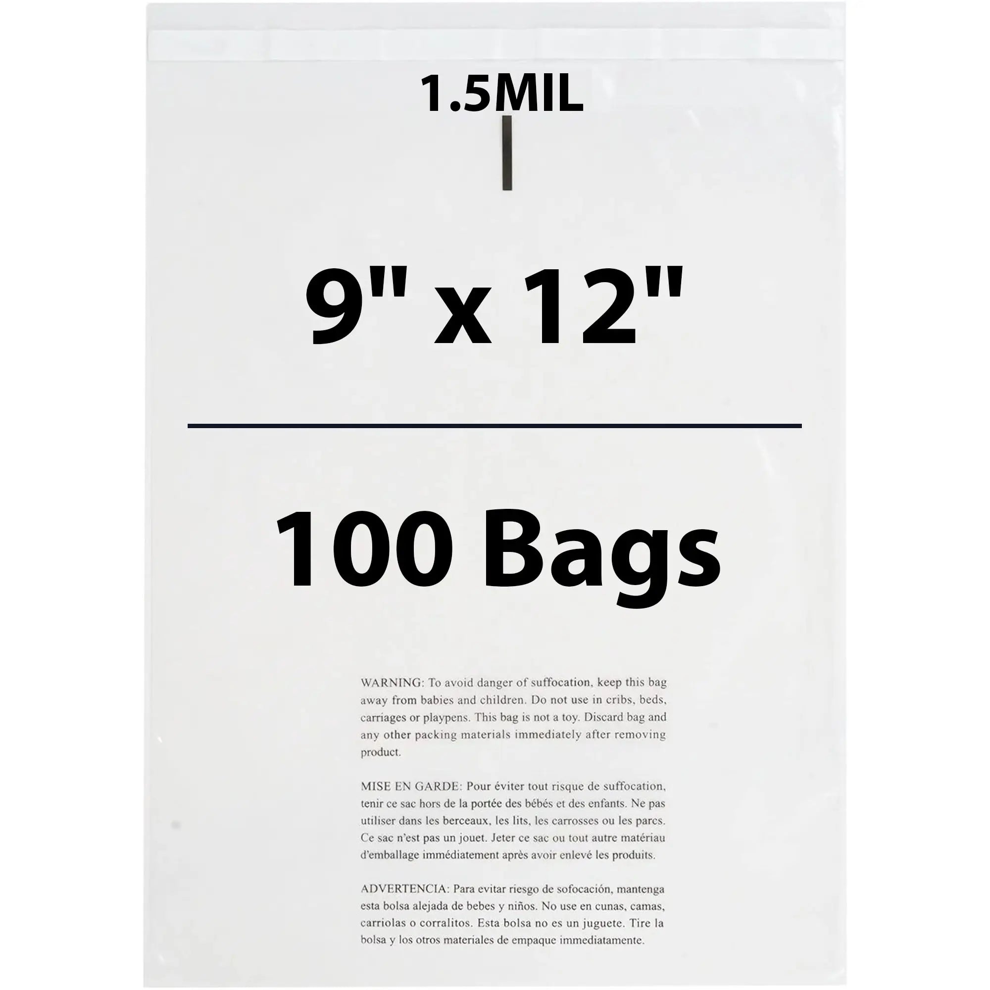 Poly Bags with suffocation warning 1.5 Mil 9X12 inches 100 Bags