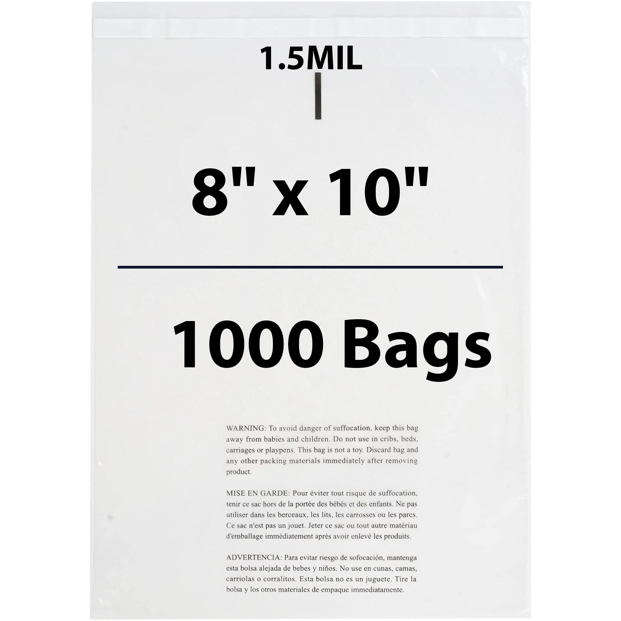 Poly Bags with suffocation warning 1.5 Mil 8X10 inches 1000 Bags