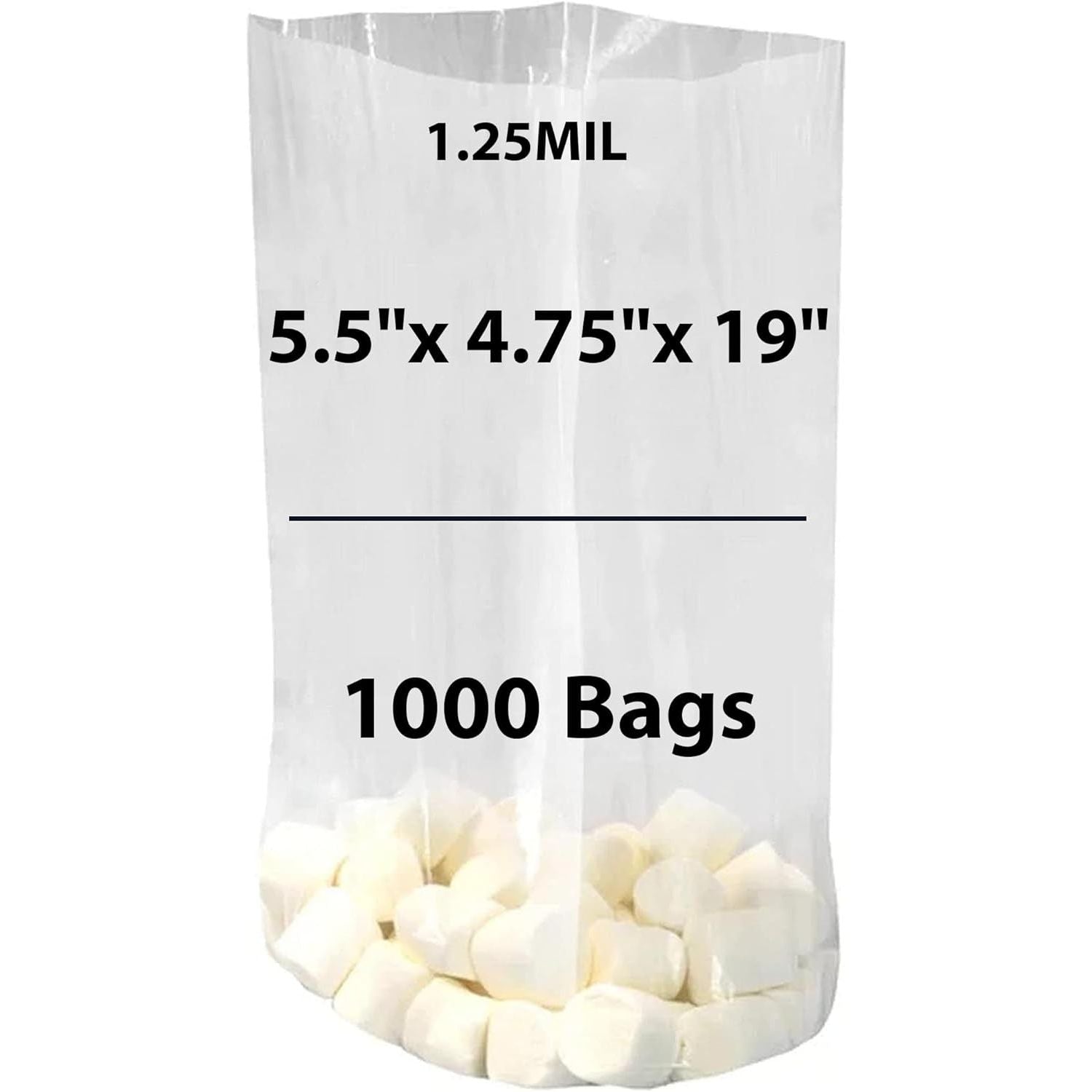 LDPE Clear Gusseted Poly bags 1.25 mil 5.5" X 4.75" X 19" 1000 Bags
