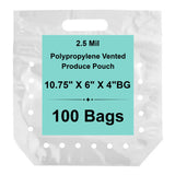 10.75X6 + 4 Inches 2.5 Mil clear zipper vented produce pouch, loose pack of 100 bags