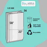 22" X 14" X 58" 55 Gal Black LLDPE Extra Heavy Trash Can Liners 1.15 Mil