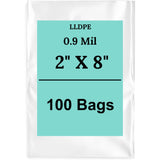 2" X 8" 0.9 Mil Clear Linear LDPE Flat Bags
