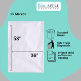 36" X 58" 55 Gal White LDPE Trash Can Liners 25 Mic