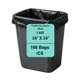 38" X 58" 55 Gal Black LLDPE Trash Can Liners 1 Mil