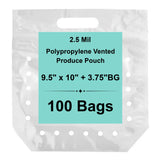 9.5X10 + 3.75 Inches 2.5 Mil clear zipper vented produce pouch, loose pack of 100 bags