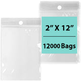 LDPE 2 mil 2" X 12" Reclosable Poly Bags with Hang Hole 12000 Bags 