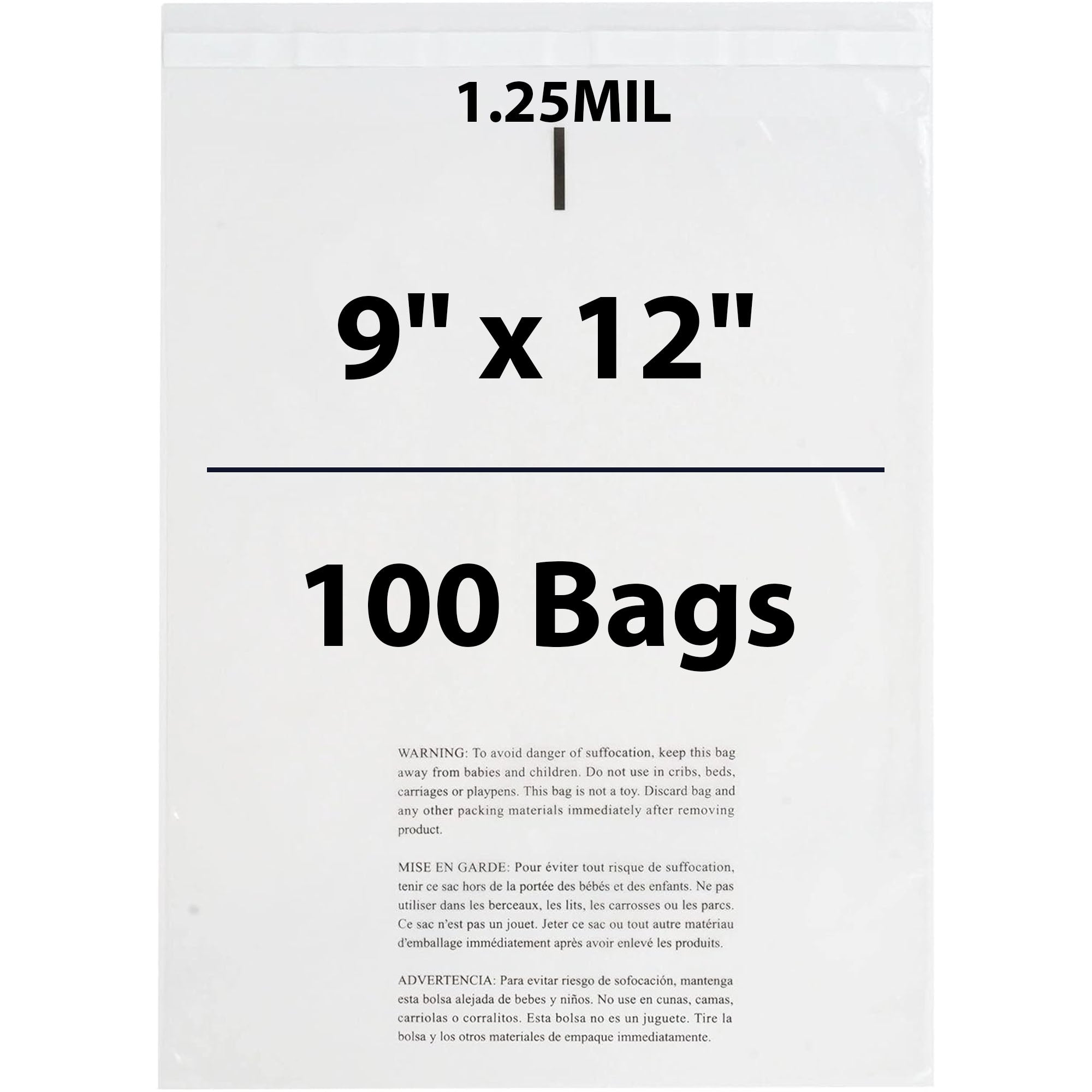Poly Bags with suffocation warning 1.25 Mil 9 inch X 12 inch Pack of 100 Bags