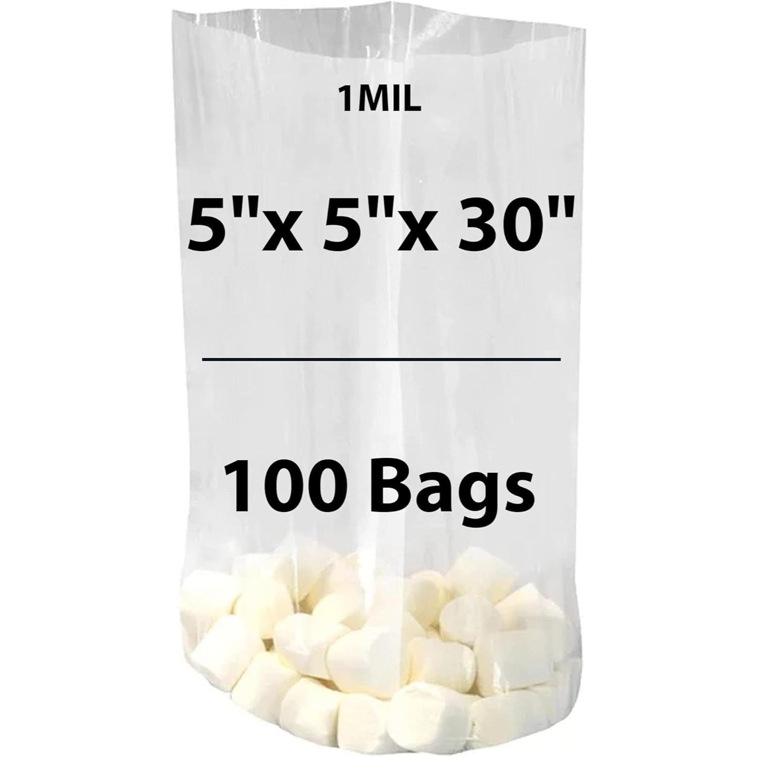 Clear Gusseted Poly bags 1 Mil, 5 inch X 5 inch X 30 inch Pack of 100 Bags