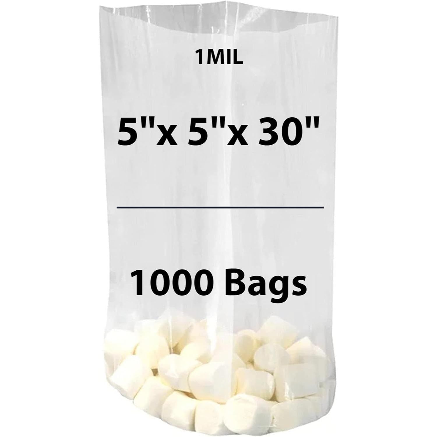 Clear Gusseted Poly bags 1 Mil, 5 inch X 5 inch X 30 inch Pack of 1000 Bags