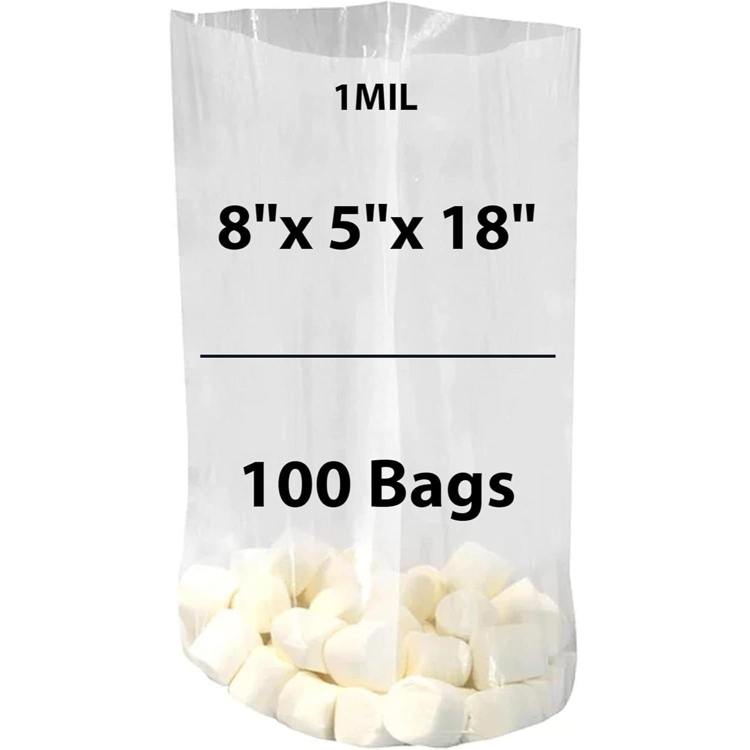 Clear Gusseted Poly bags 1 Mil, 8 inch X 5 inch X 18 inch Pack of 100 Bags