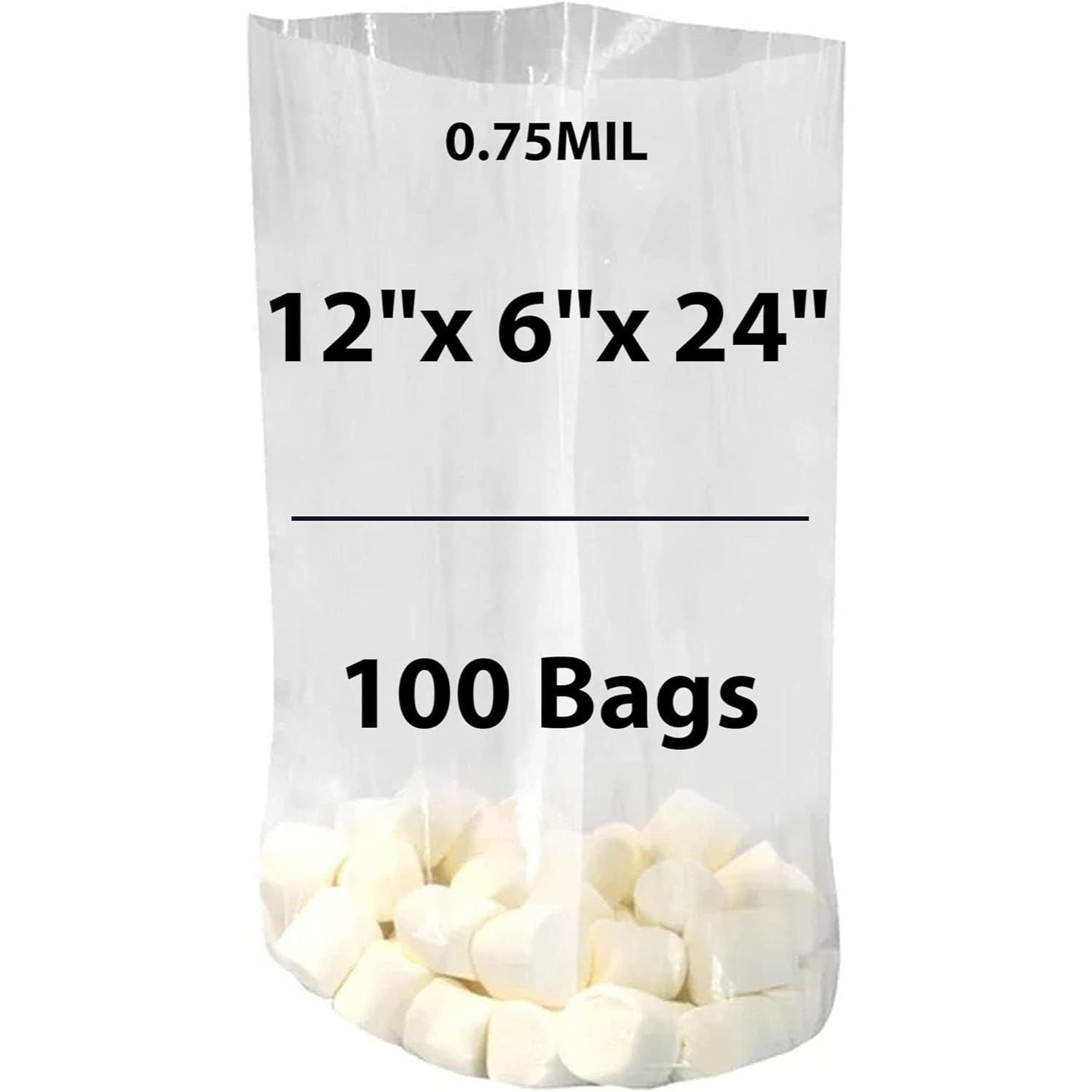 Clear Gusseted Poly bags 0.75 Mil, 12 inch X 6 inch X 24 inch Pack of 100 Bags