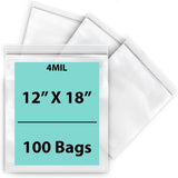 Resealable plastic bags 4 Mil Size 12 inch (width) X 18 inch (Height) Pack of 100 Bags