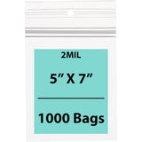 Polypropylene Zip-lock Bags 2 Mil size 5 inch (width) X 7 inch (Height) Pack of 1000 Bags